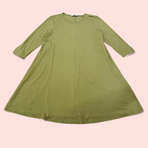 Olive Green Fairy Relaxed Boho Trapeze Slip 3/4 Sleeve Jersey Knit Dress Large